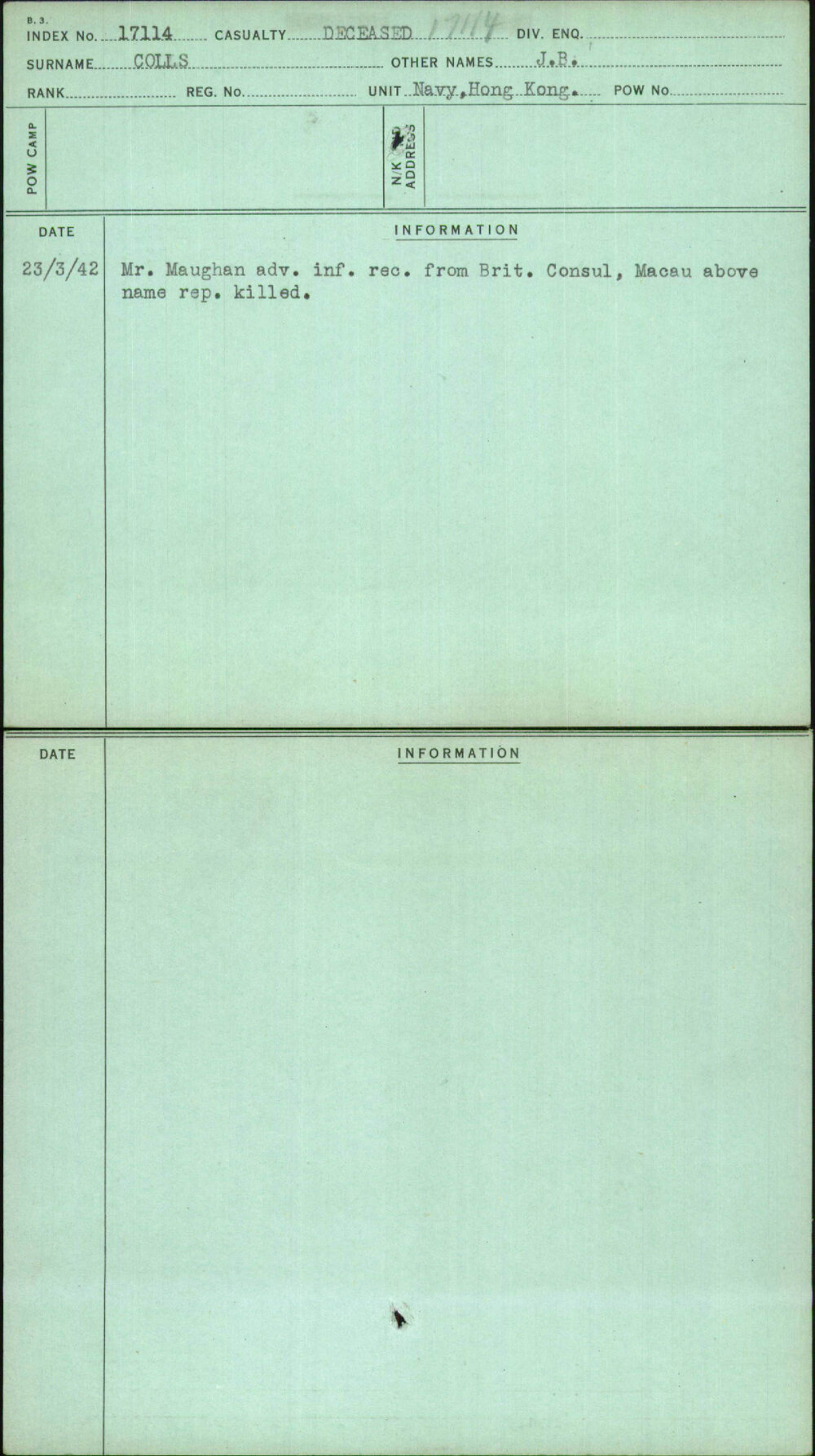 Colls, J B, [No Service Number]