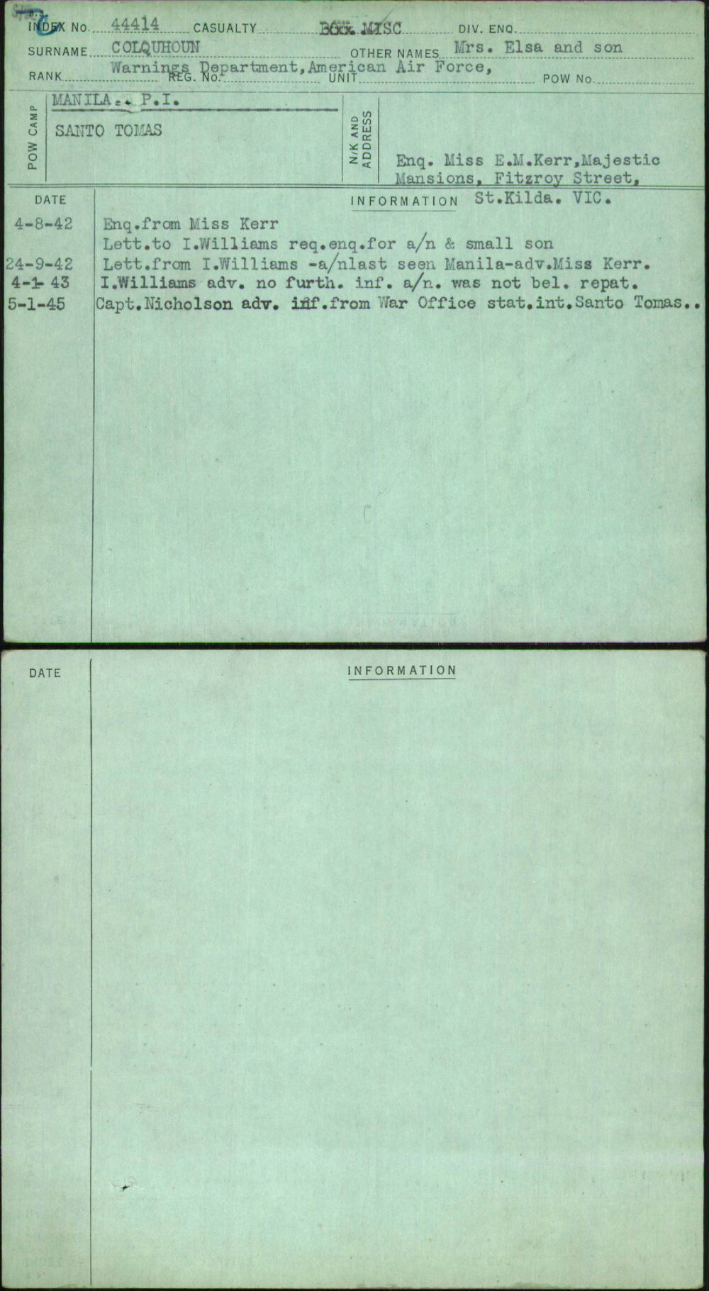 Colquhoun, Mrs Elsa And Son, [No Service Number]