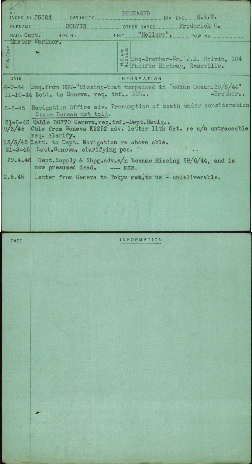 Colvin, Frederick O, [No Service Number]