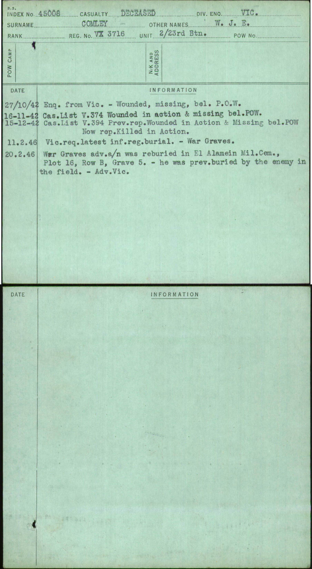 Comley, W J E, VX3716