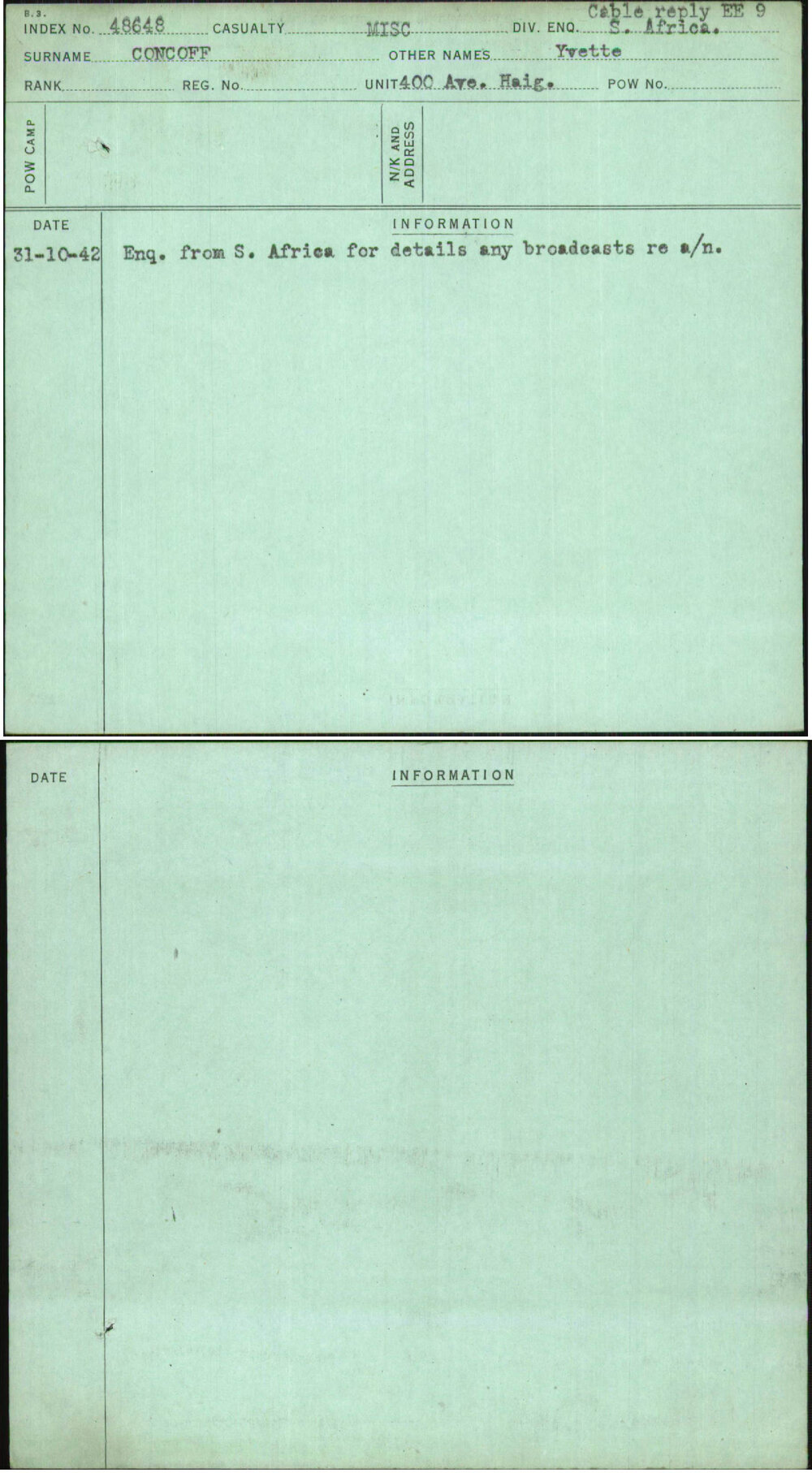 Concoff, Yvette, [No Service Number]