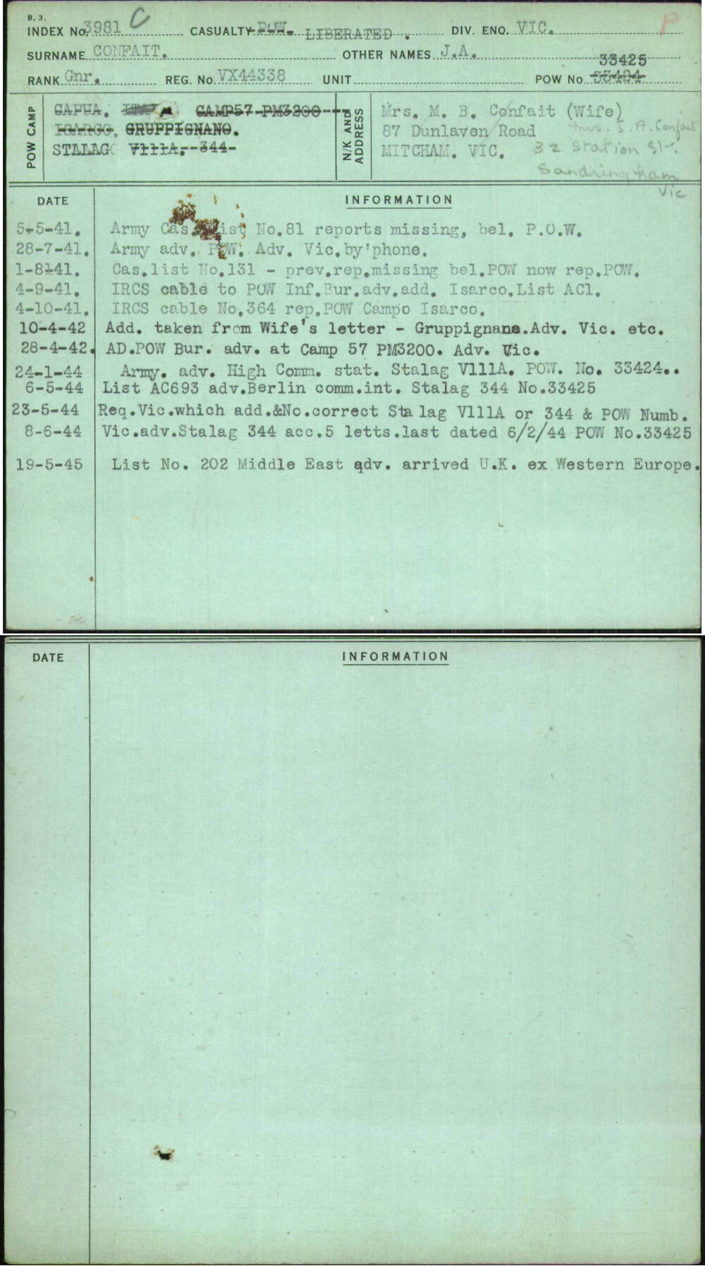 Confait, J A, VX44338