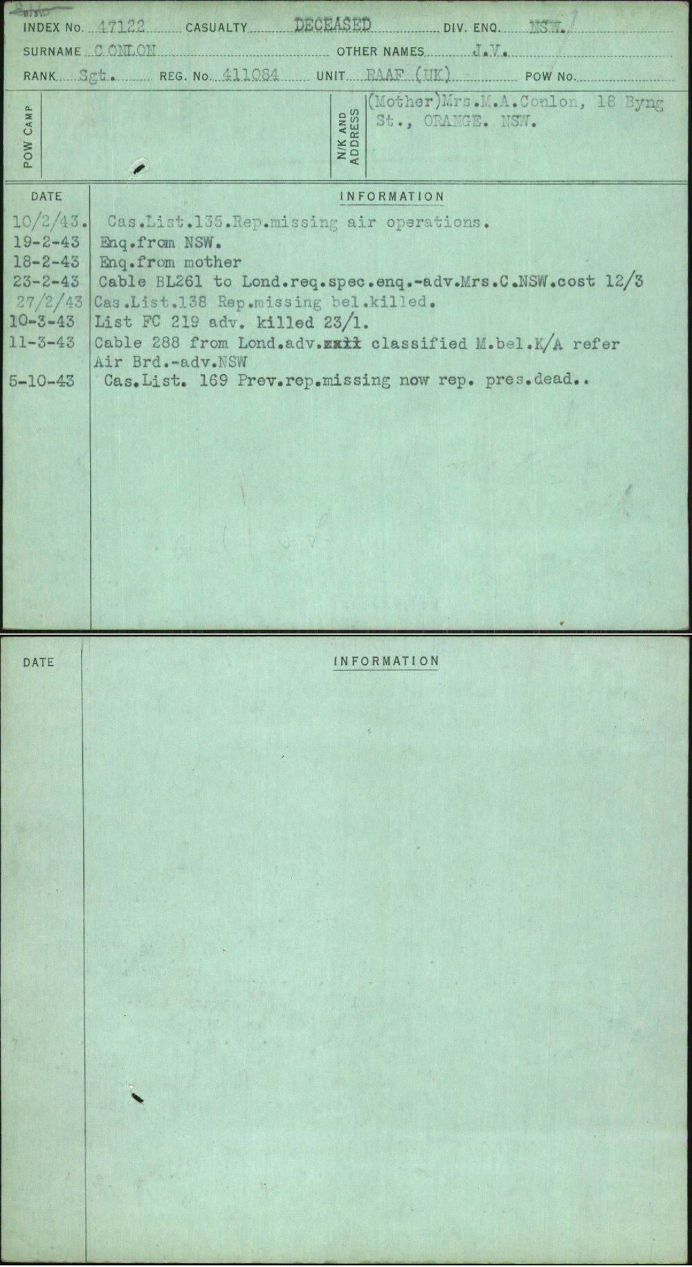 Conlon, J V, 411084