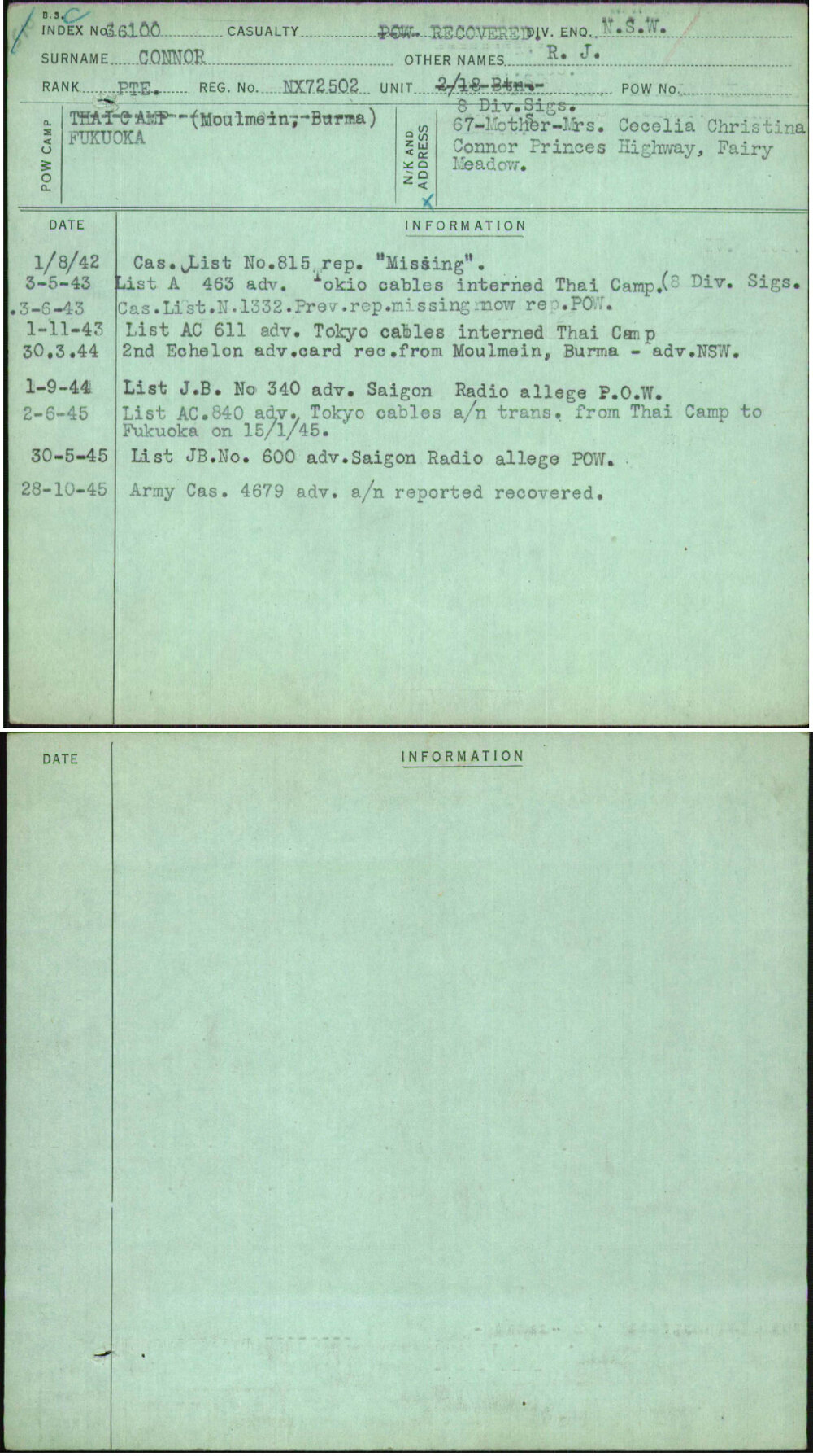 Connor, R J, NX72502