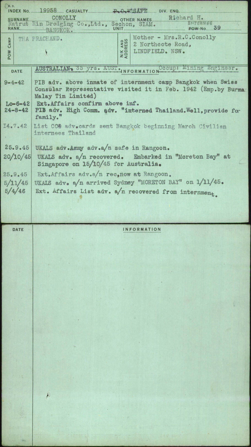 Conolly, Richard H, [No Service Number]