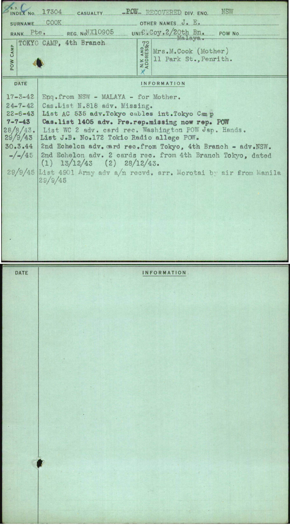 Cook, J E, NX10905