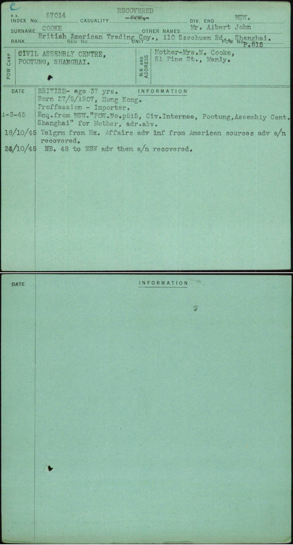 Cooke, Mr Albert John, [No Service Number]