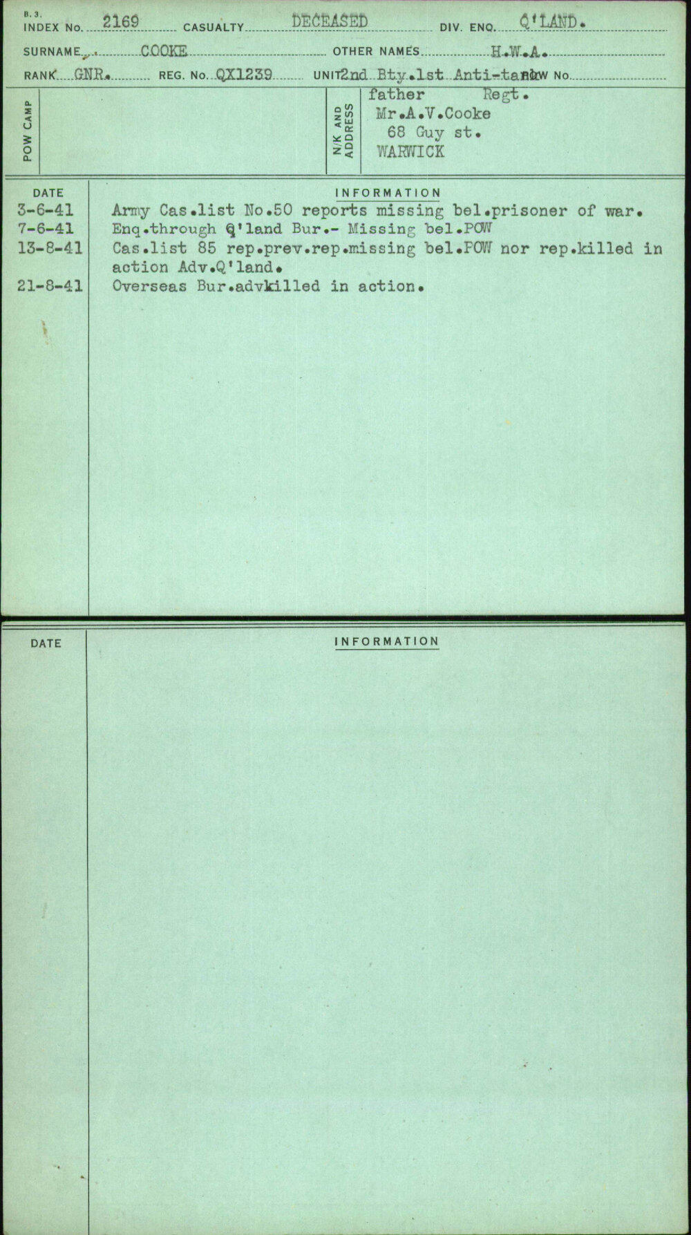 Cooke, H W A, QX1239