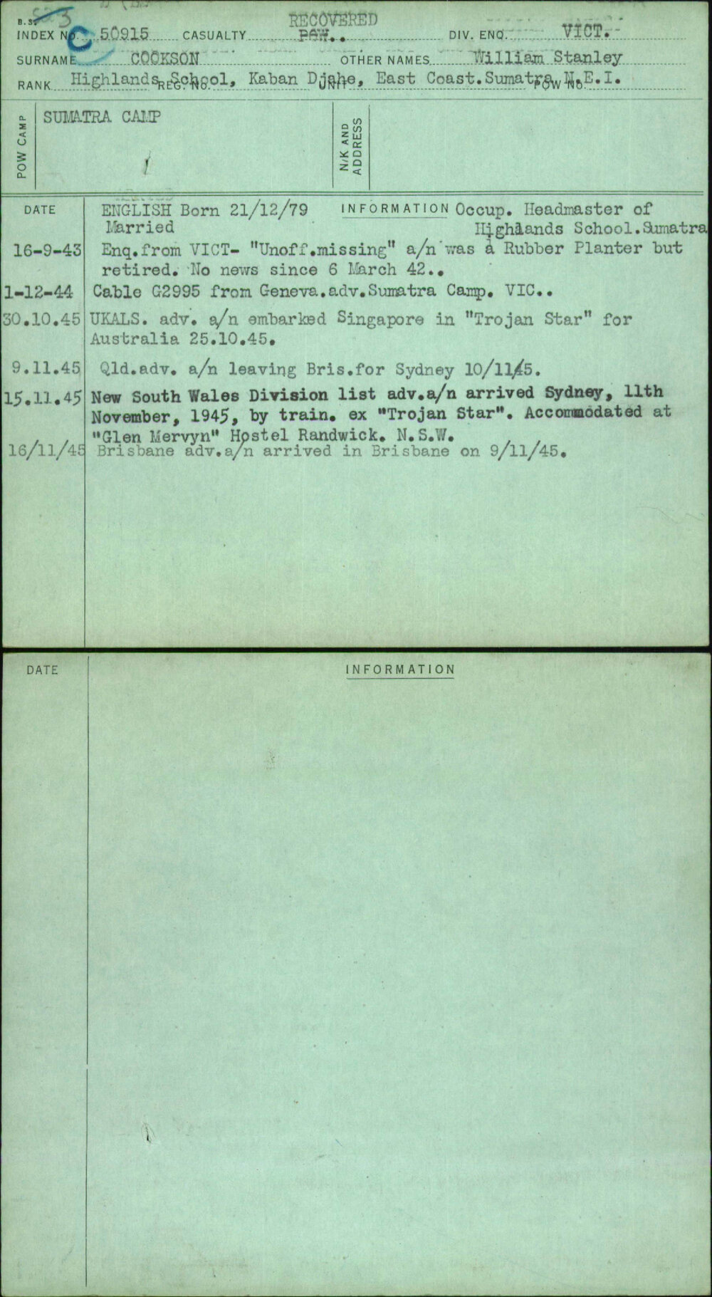 Cookson, William Stanley, [No Service Number]