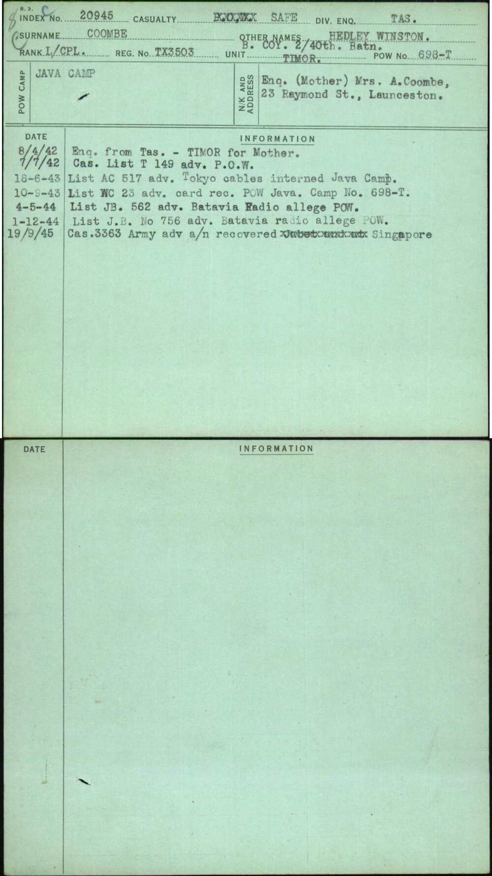 Coombe, Hedley Winston, TX3503