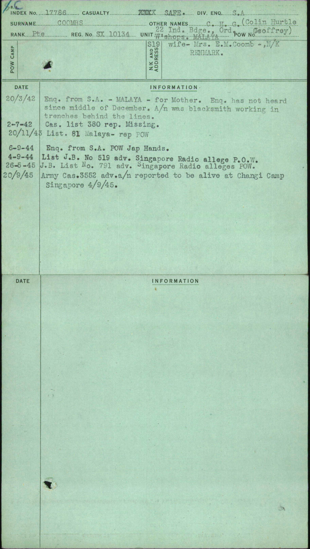 Coombs, C H G (Colin Hurtle Geoffrey), SX10134