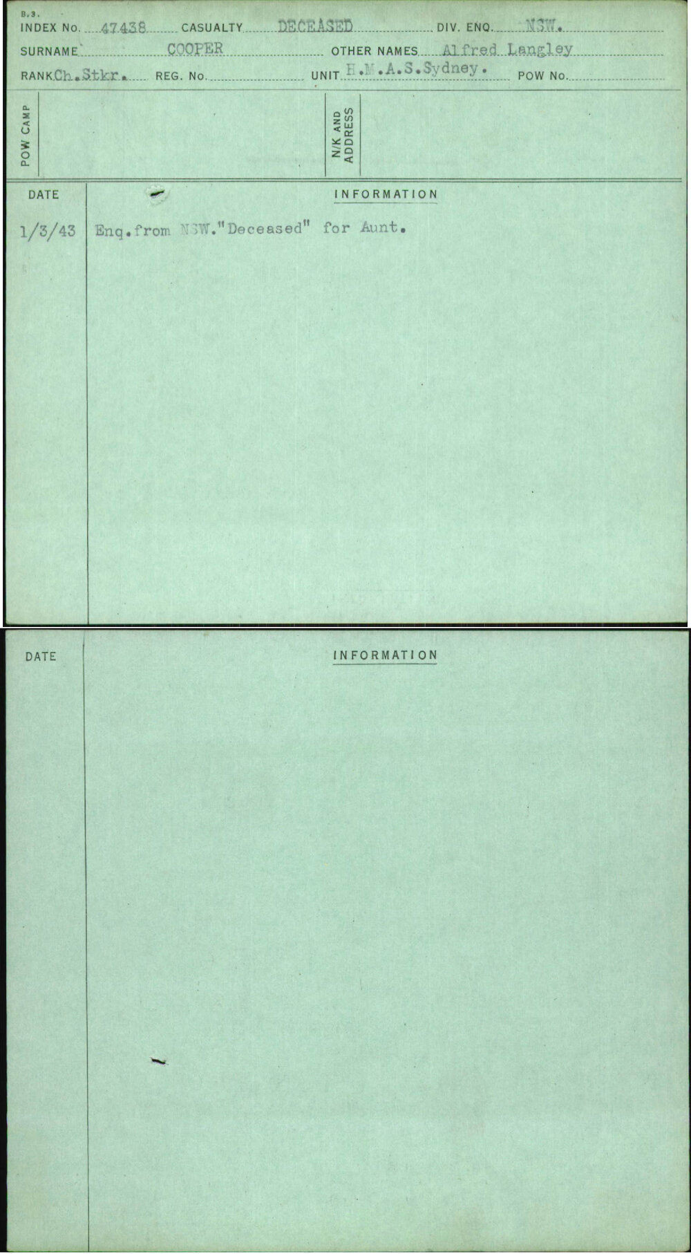 Cooper, Alfred Langley, [No Service Number]