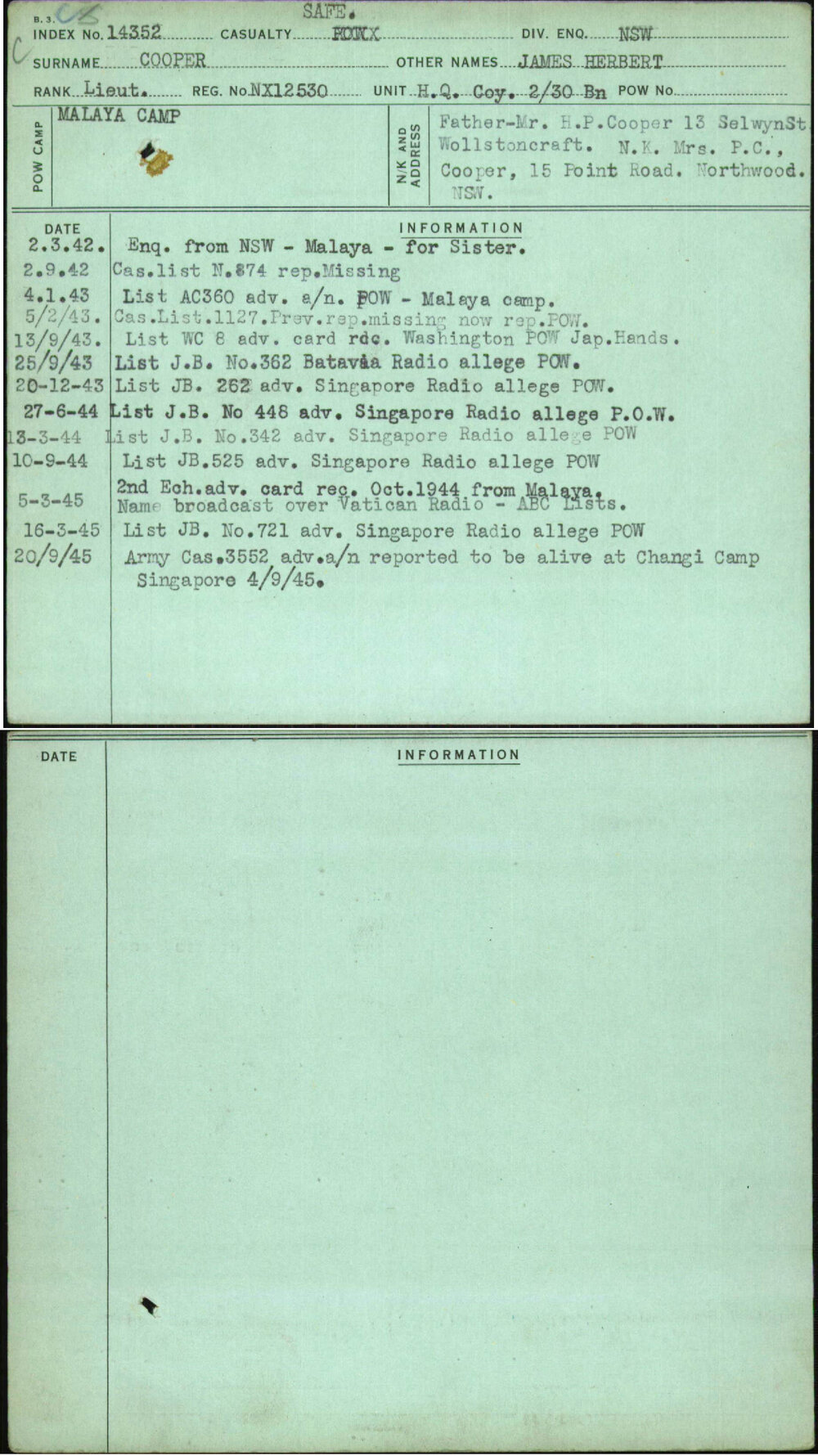 Cooper, James Herbert, NX12530