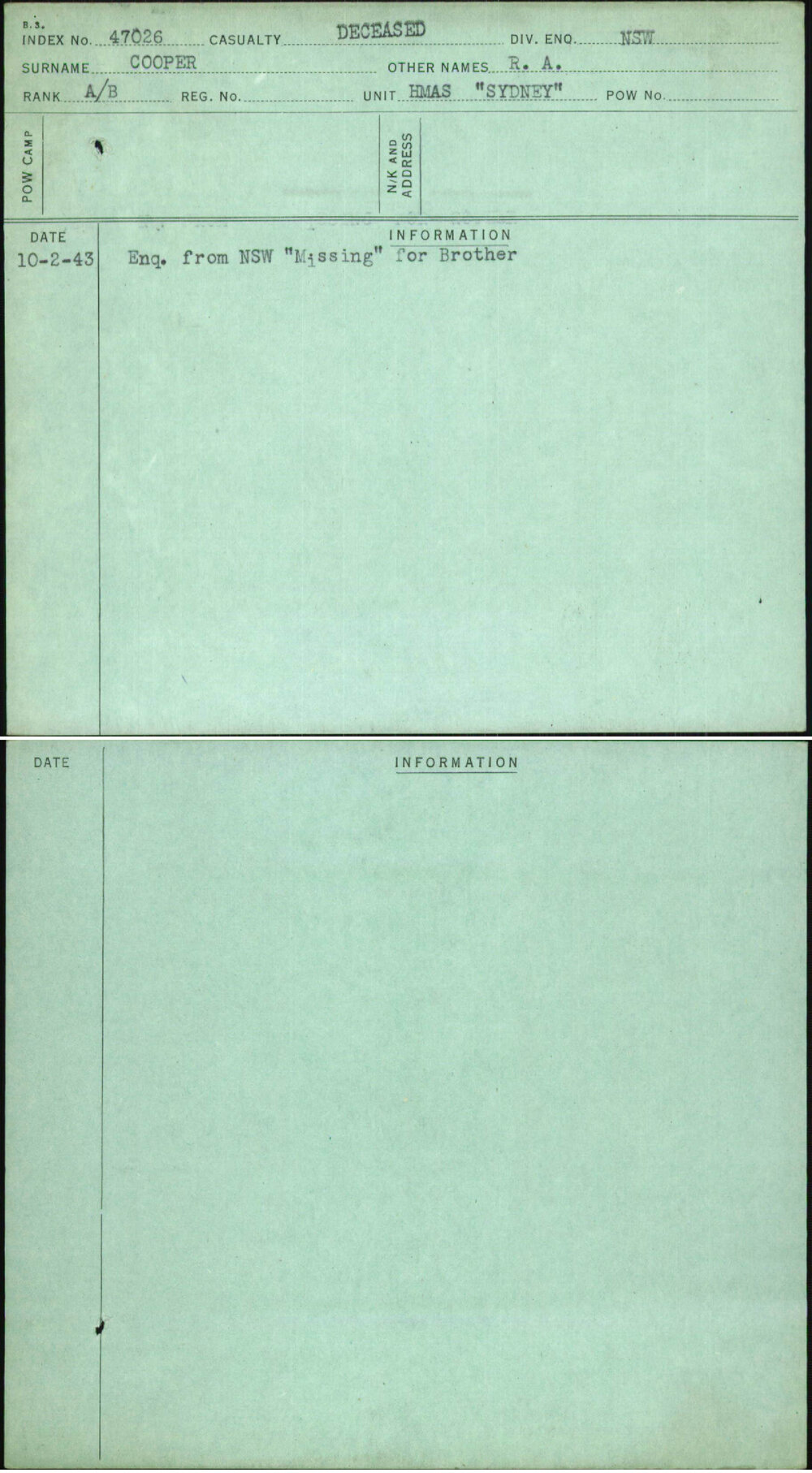 Cooper, R A, [No Service Number]