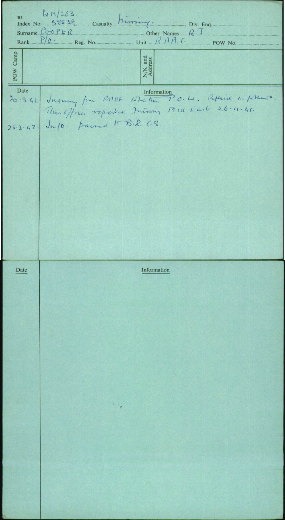 Cooper, R J, [No Service Number]