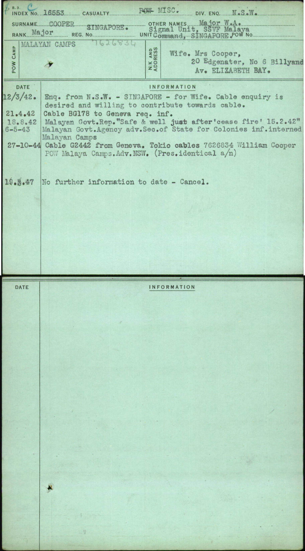 Cooper, Major W A, Singapore