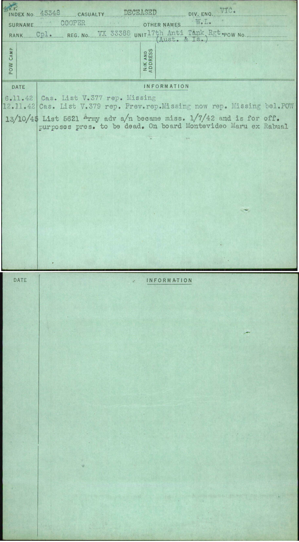 Cooper, W L, VX33388