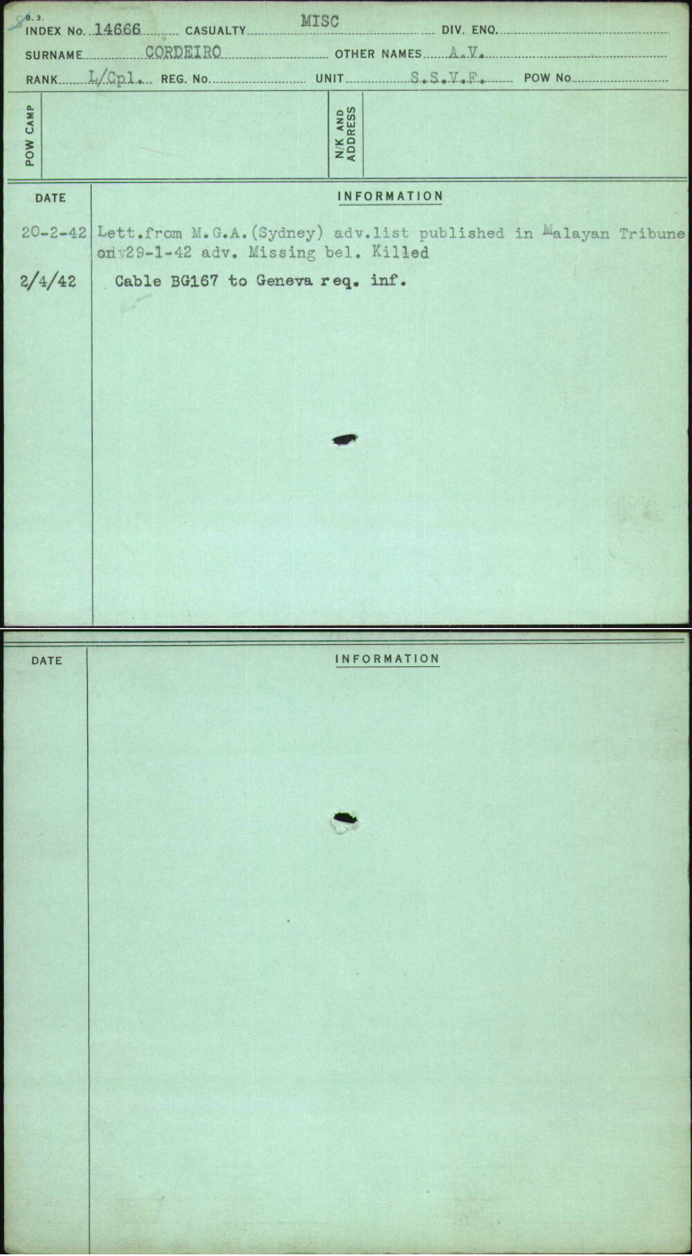 Cordeiro, A V, [No Service Number]