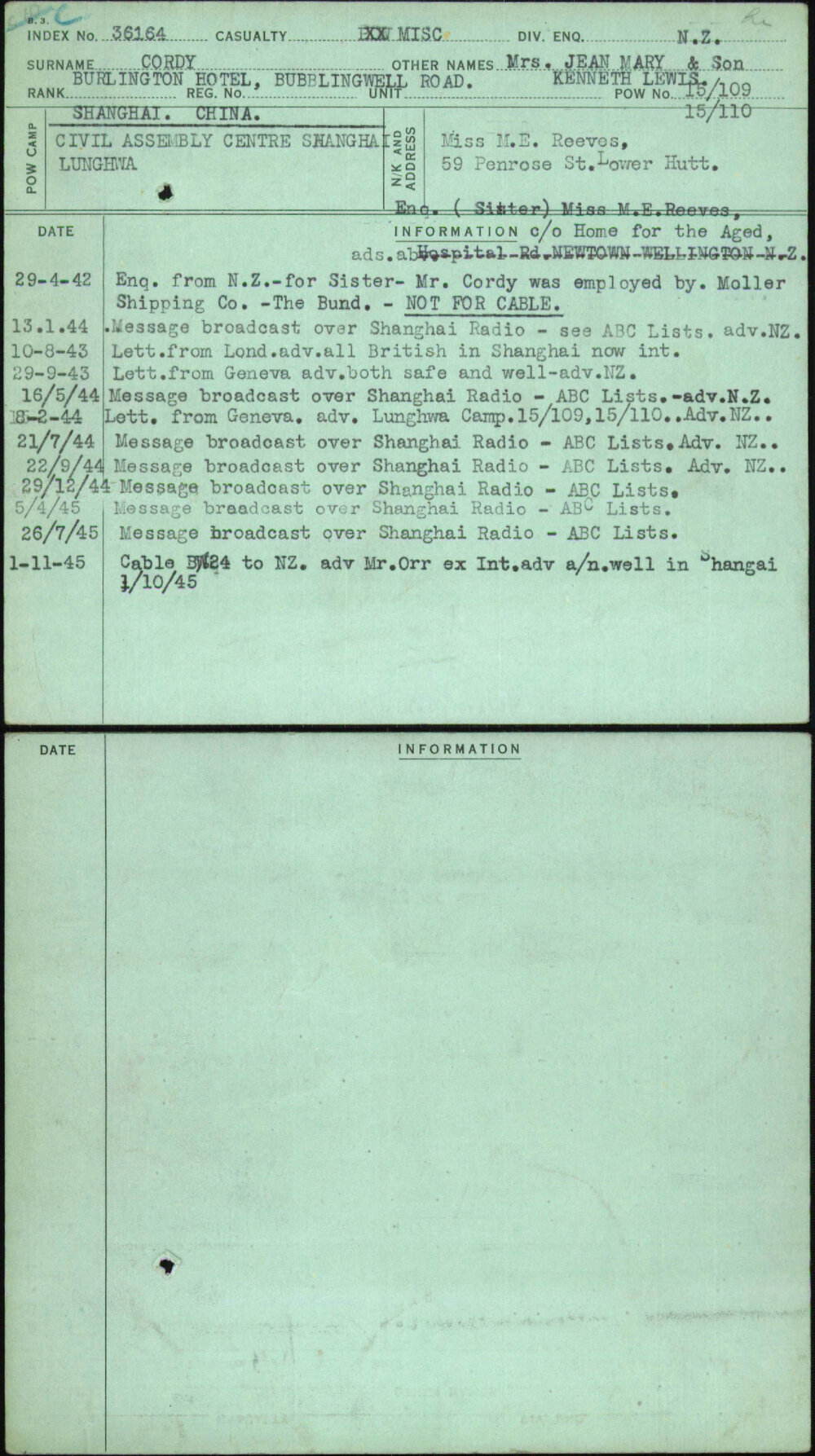 Cordy, Mrs Jean Mary &amp; Son Kenneth Lewis, [No Service Number]