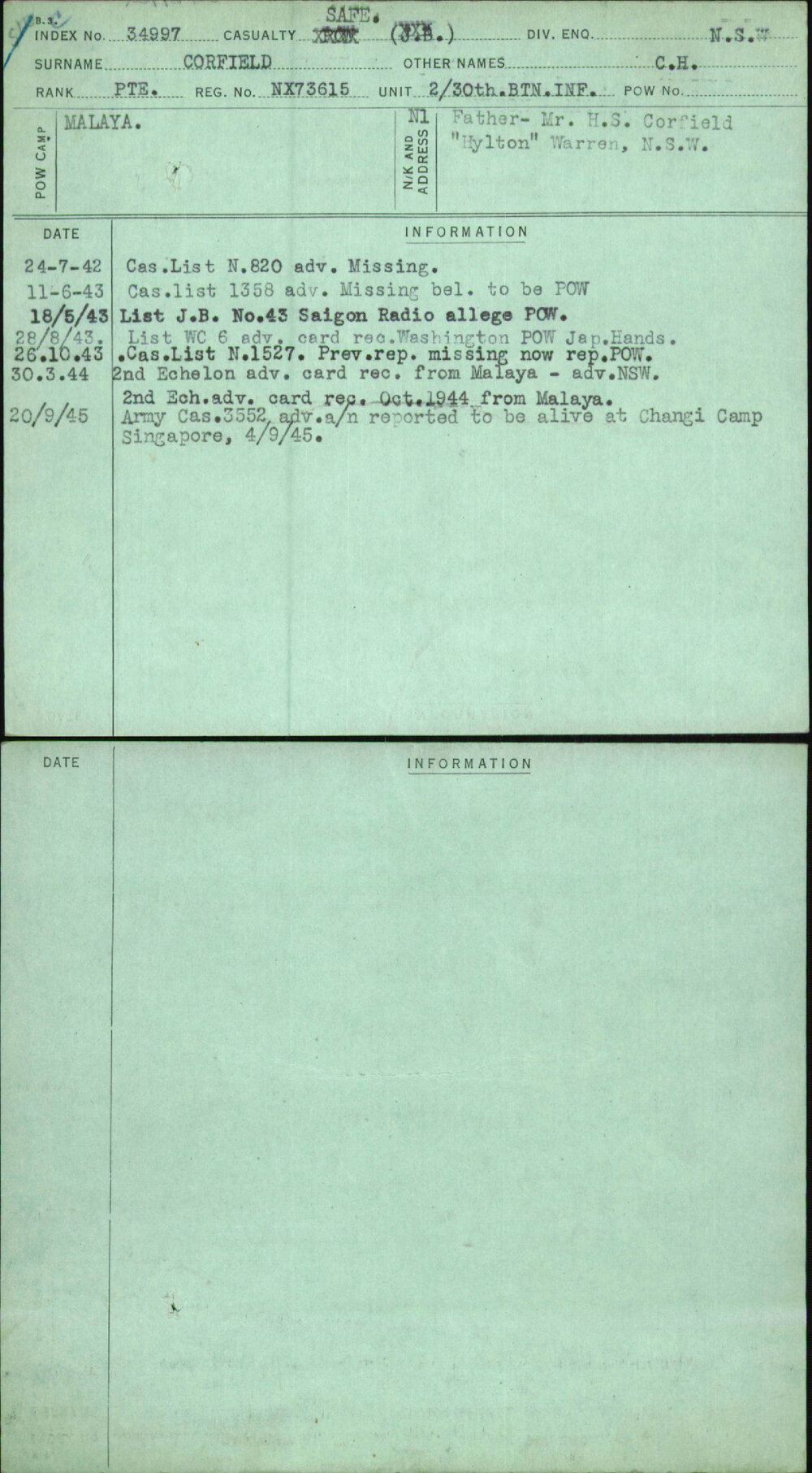 Corfield, C H, NX73615