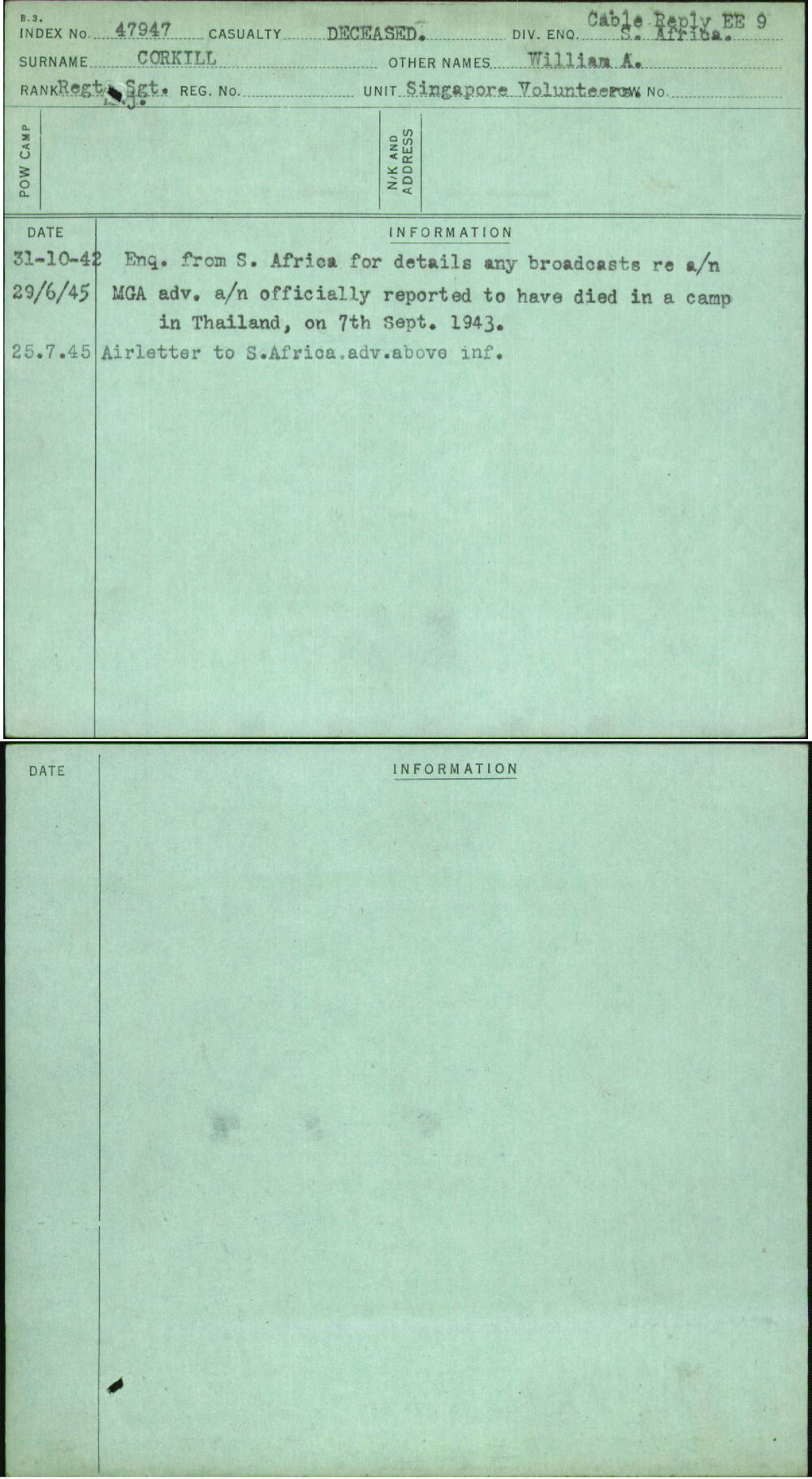Corkill, William A, [No Service Number]