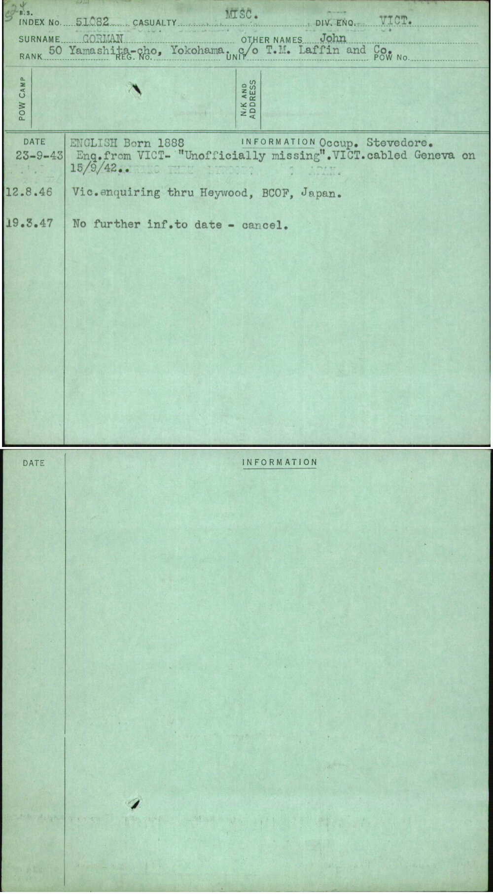 Corman, John, [No Service Number]