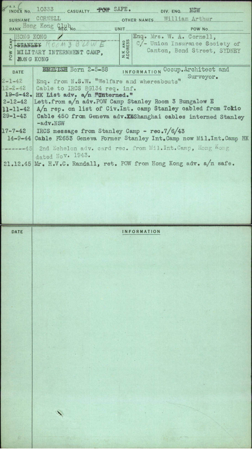 Cornell, William Arthur, [No Service Number]