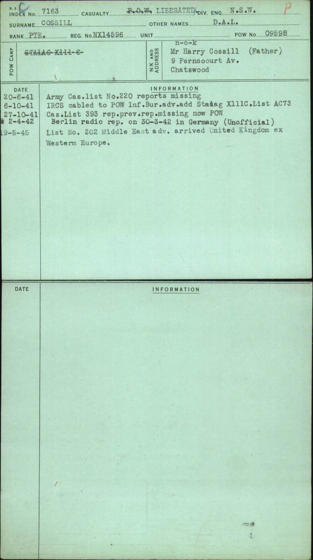 Cossill, D A L, NX14596