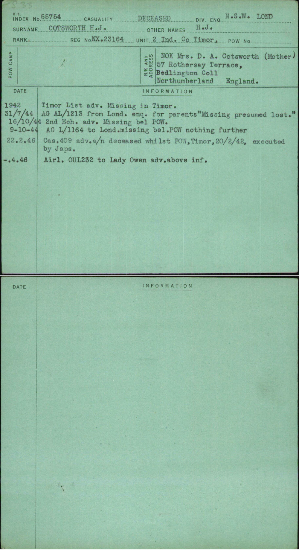 Cotsworth H J, H J, NX23164