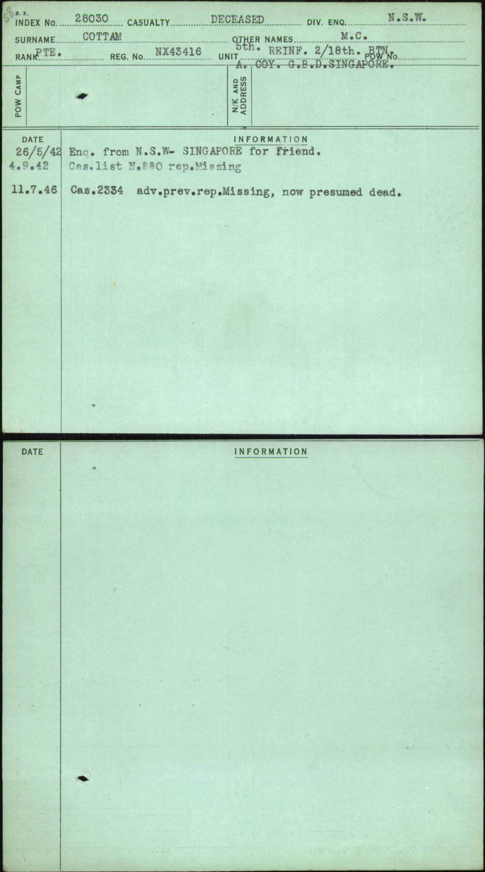 Cottam, M C, NX43416