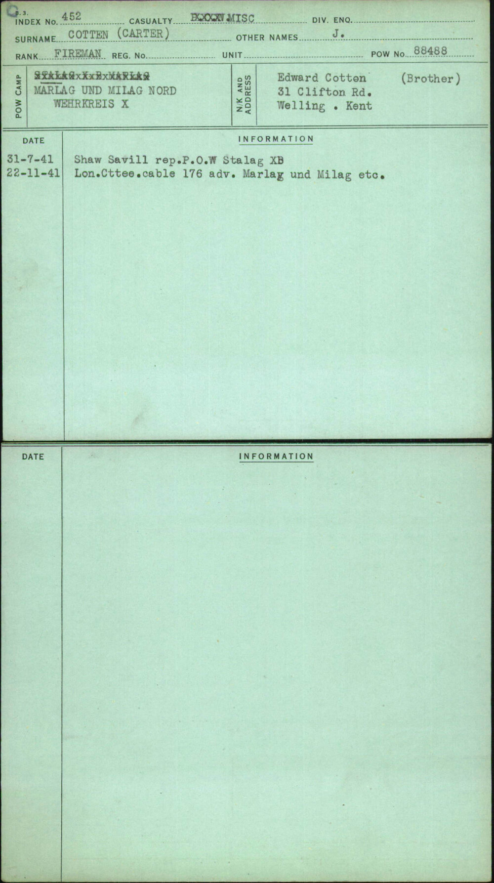 Cotten (Carter), J, [No Service Number]