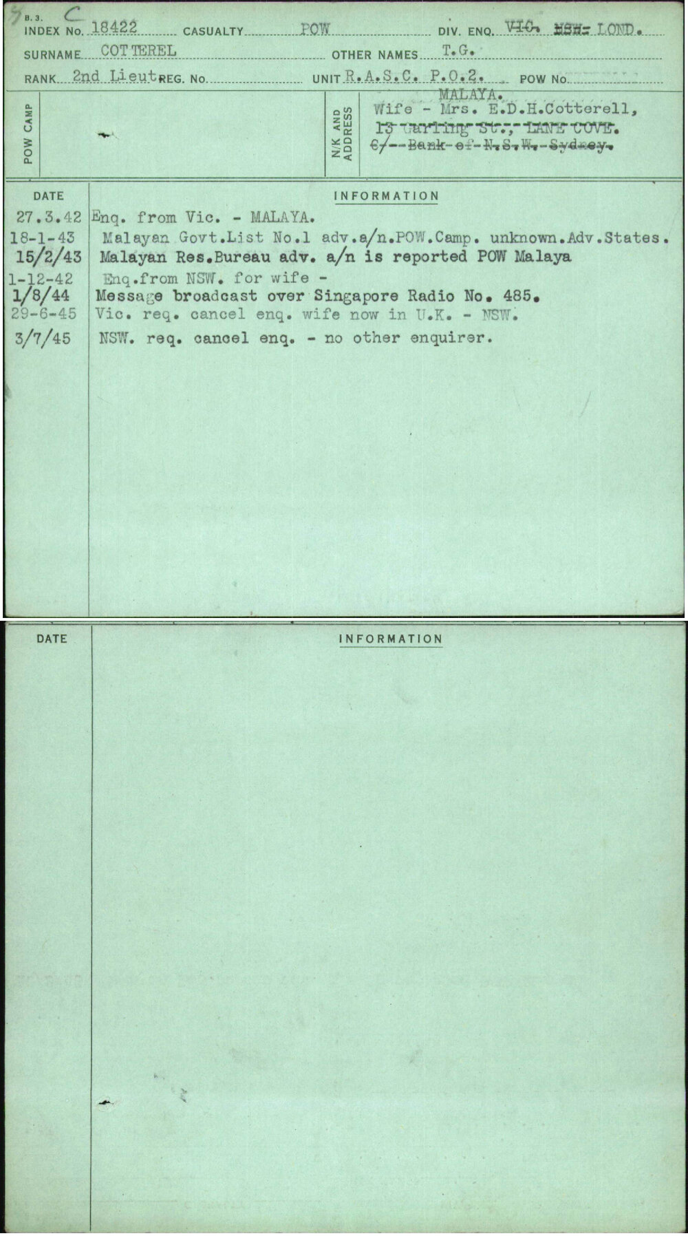 Cotterel, T G, [No Service Number]