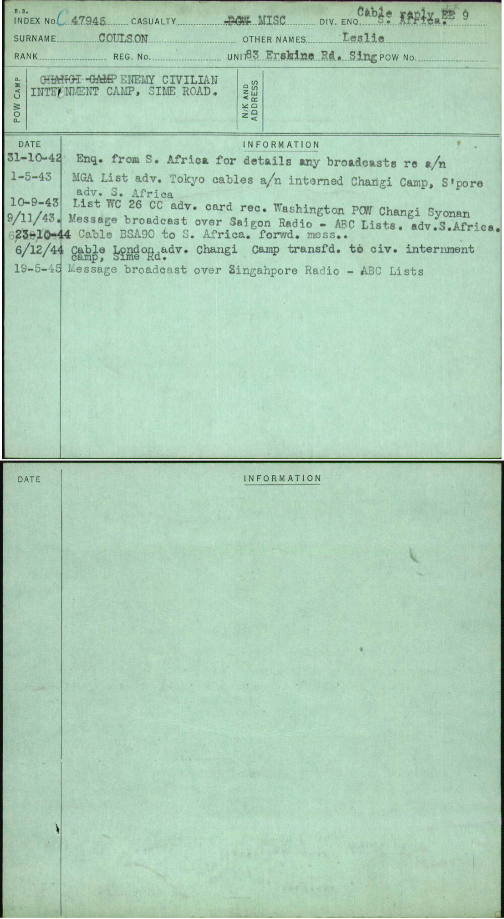 Coulson, Leslie, [No Service Number]