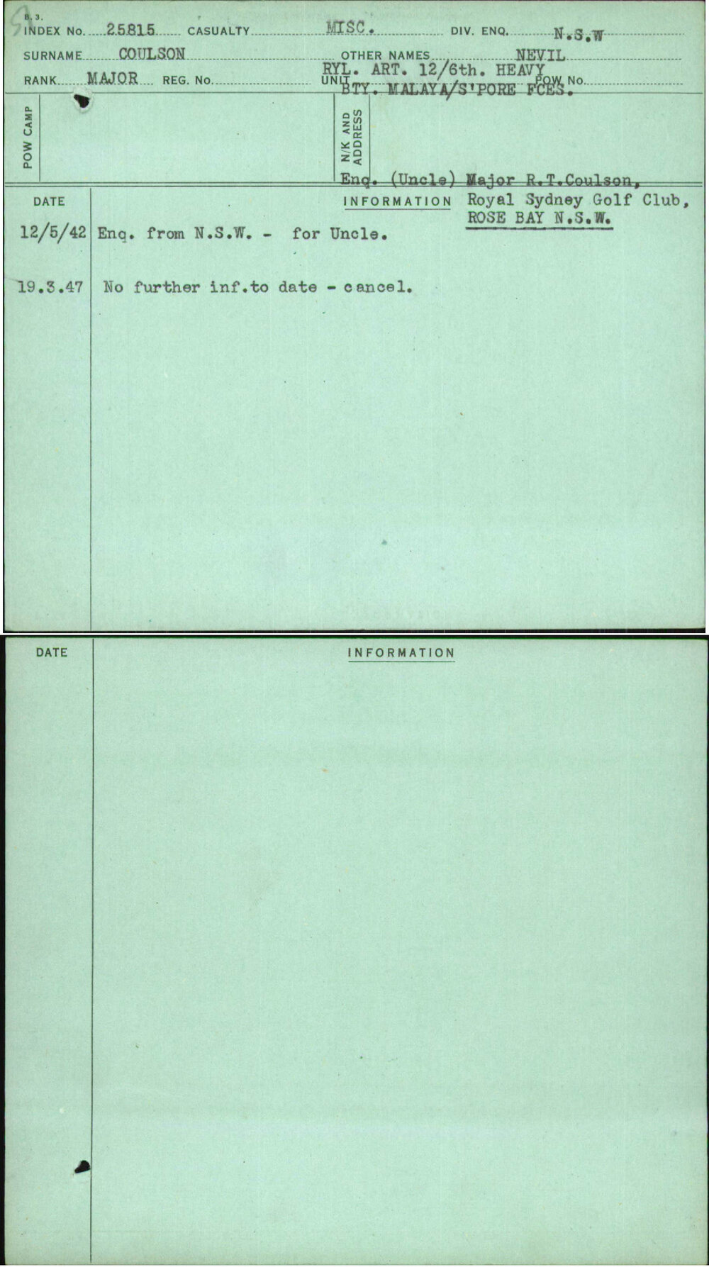 Coulson, Nevil, [No Service Number]