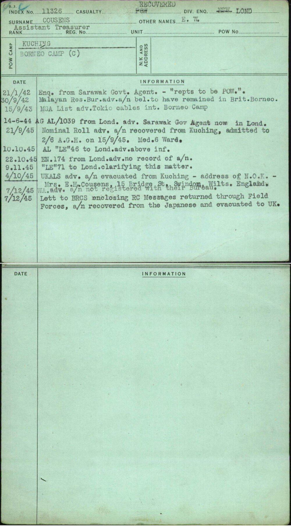 Cousens, E W, [No Service Number]