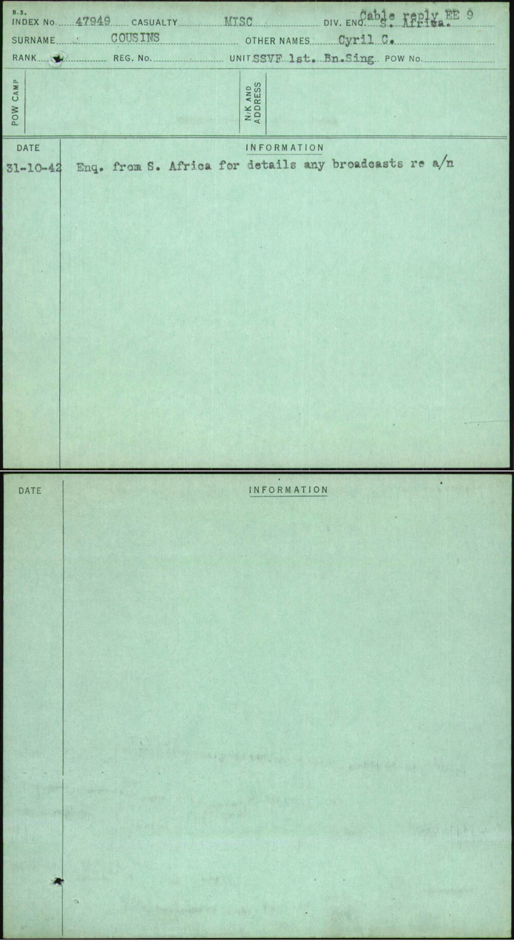 Cousins, Cyril C, [No Service Number]