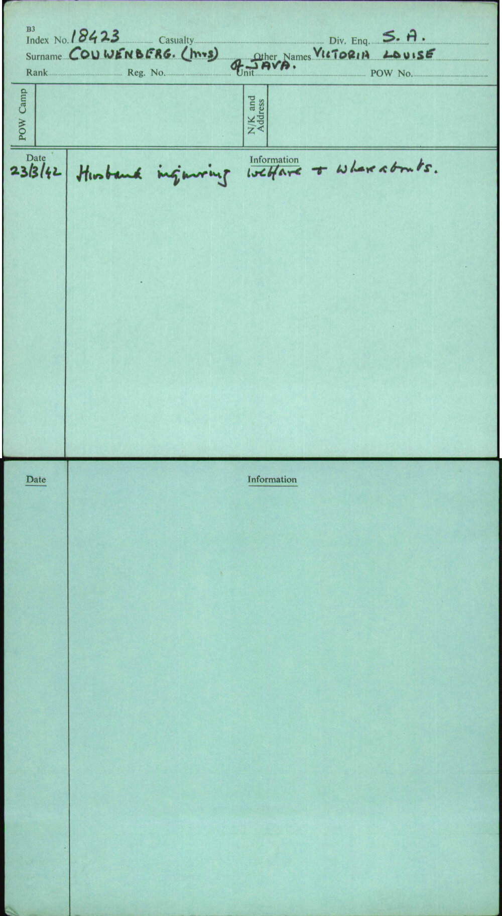 Couwenberg (Mrs), Victoria Louise, [No Service Number]