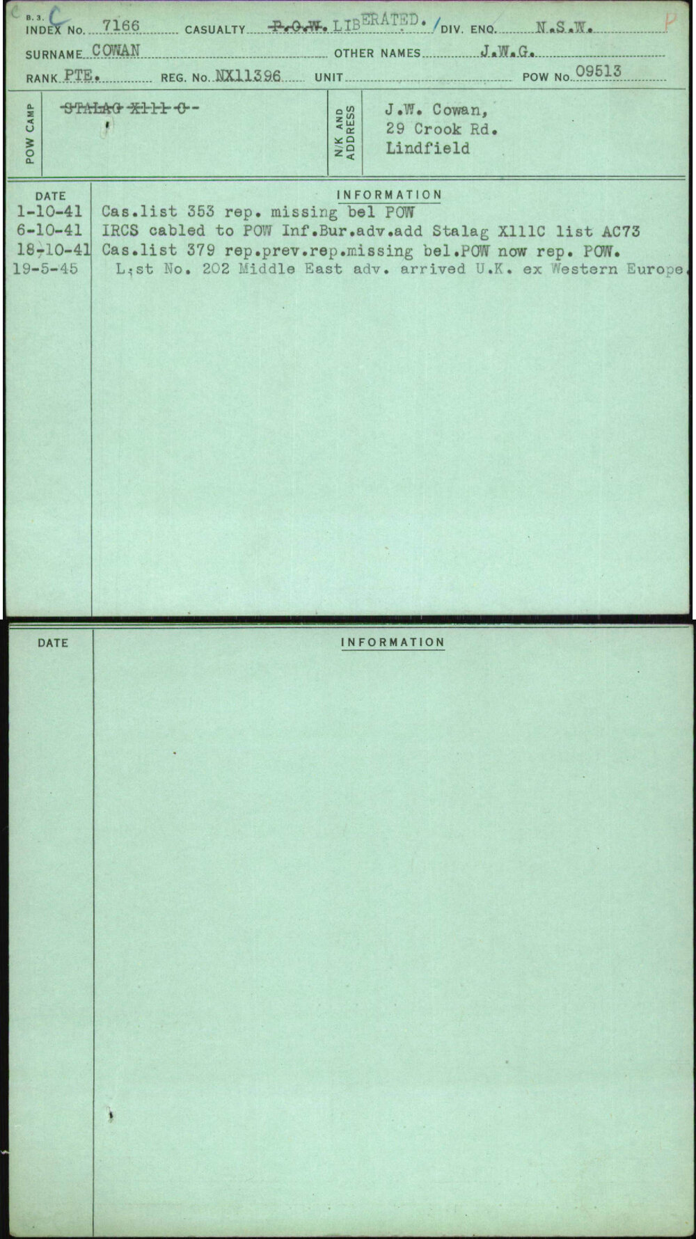 Cowan, J W G, NX11396