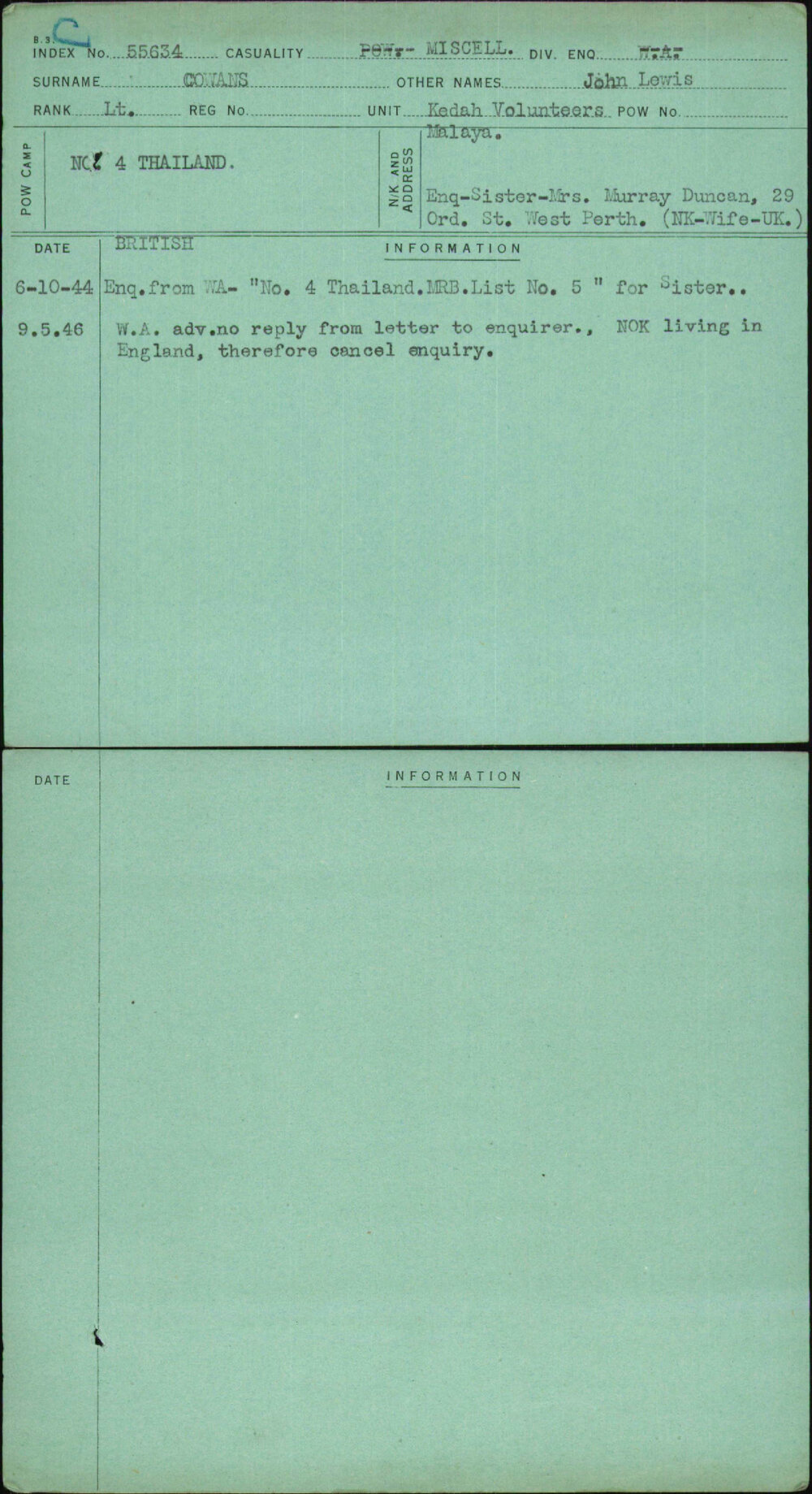 Cowans, John Lewis, [No Service Number]