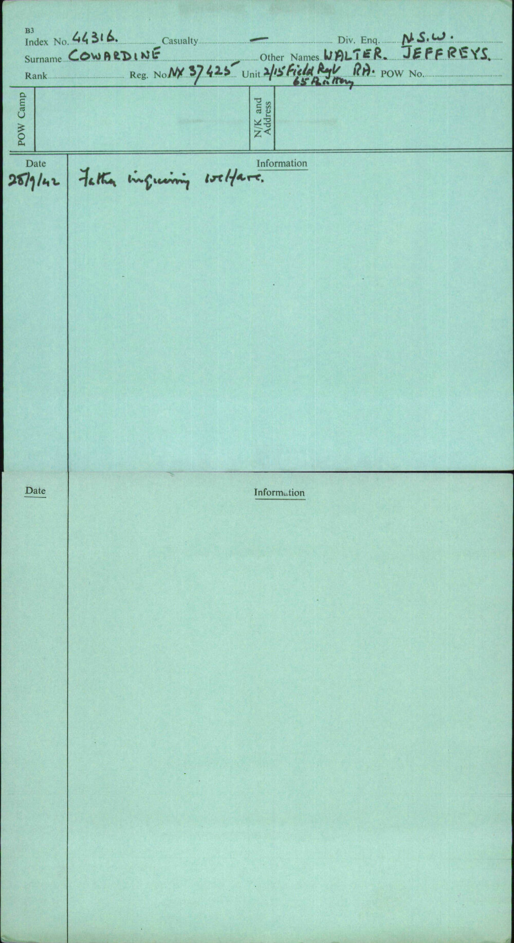 Cowardine, Walter Jeffreys, NX37425