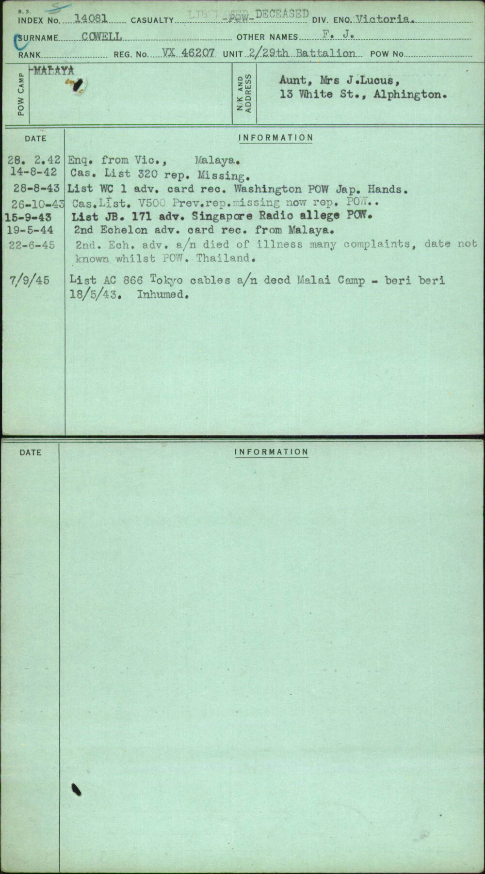 Cowell, F J, VX46207