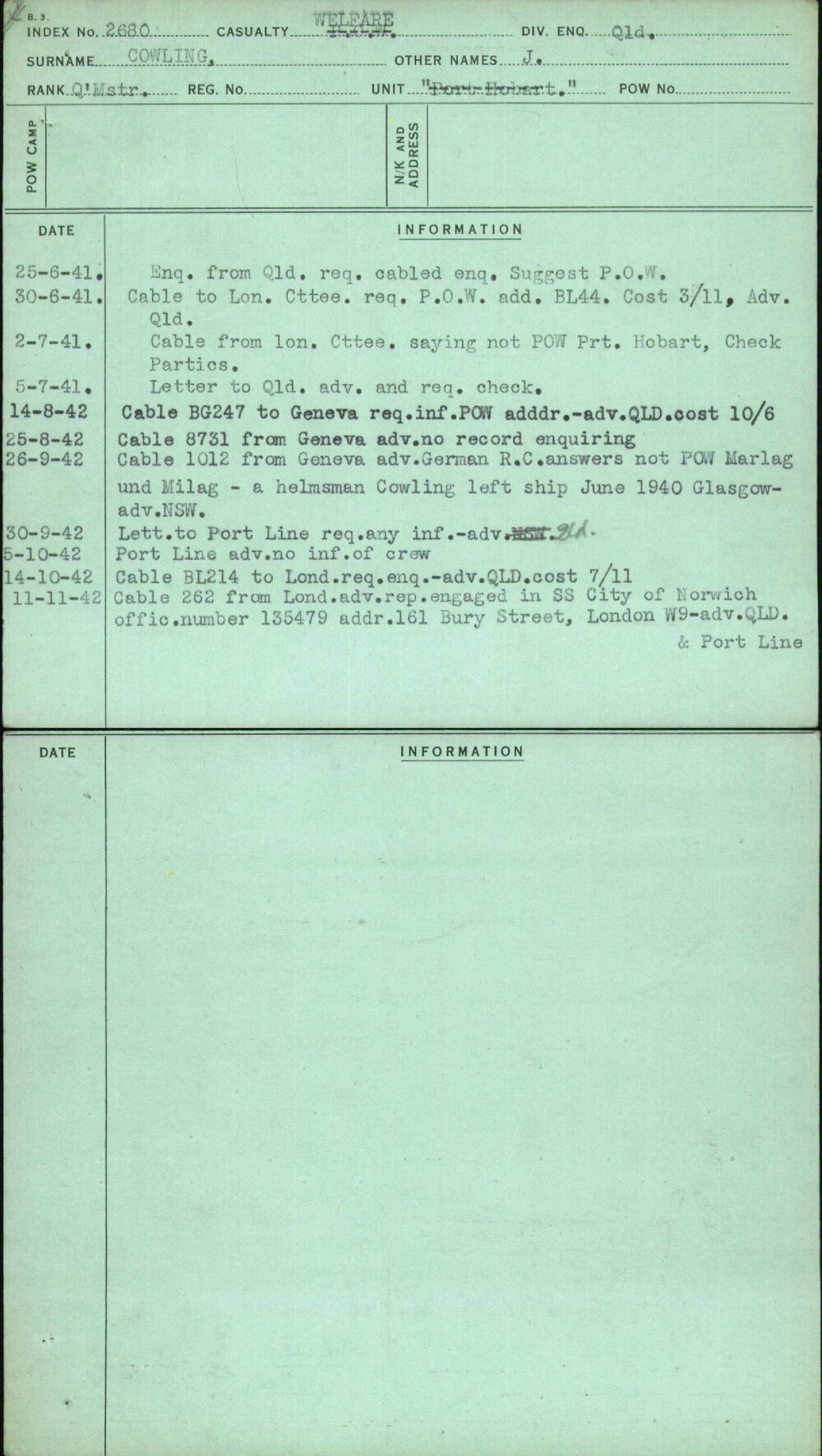 Cowling, J, [No Service Number]