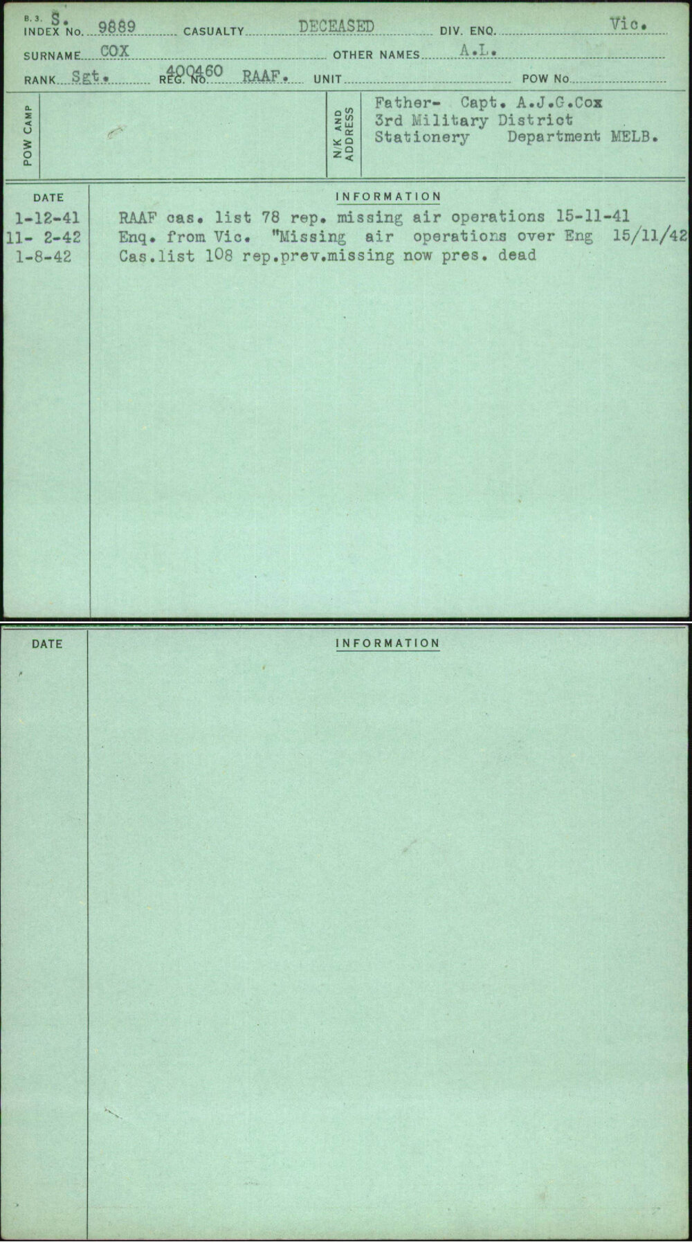 Cox, A L, 400460 Raaf