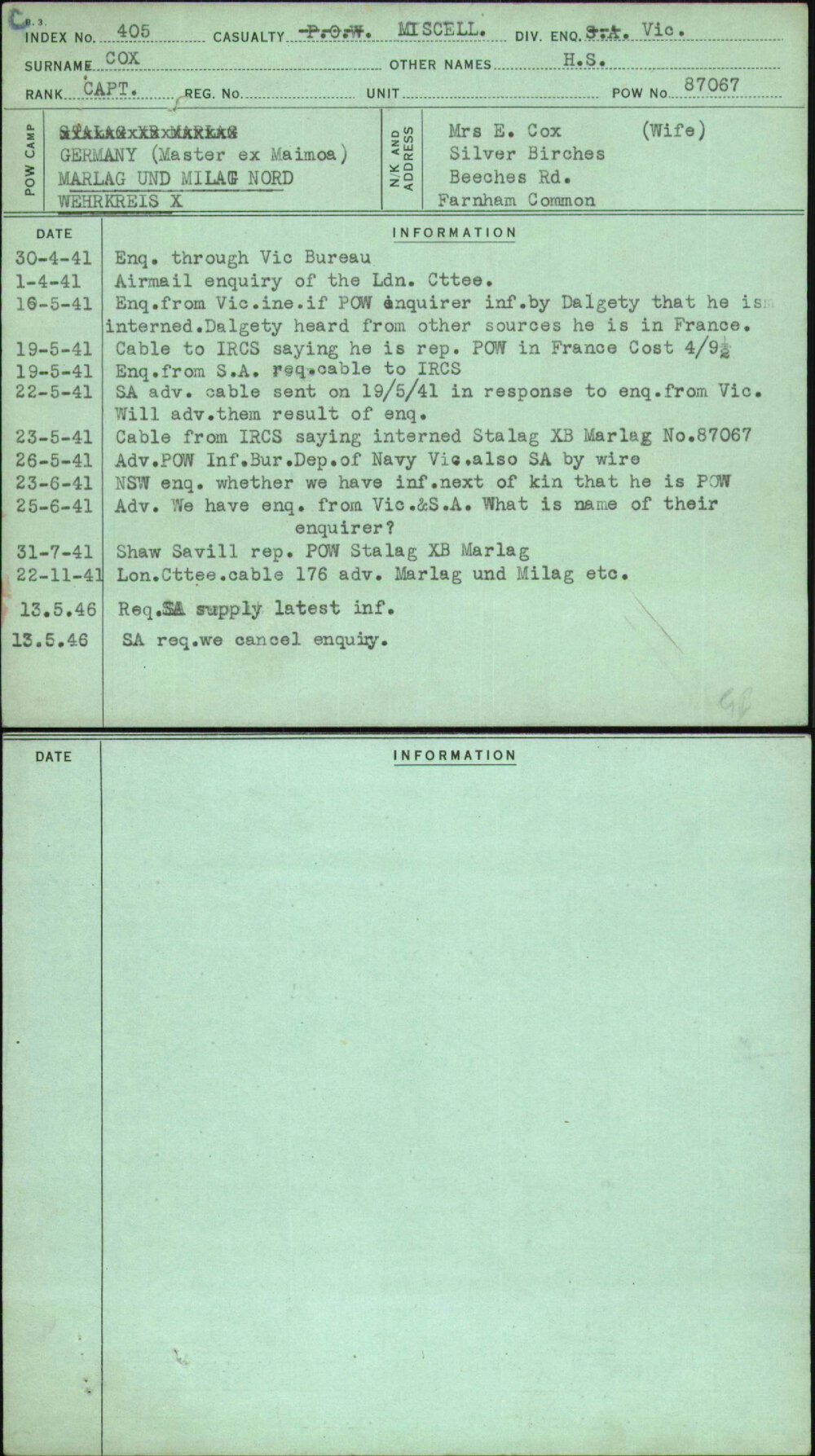 Cox, H S, [No Service Number]