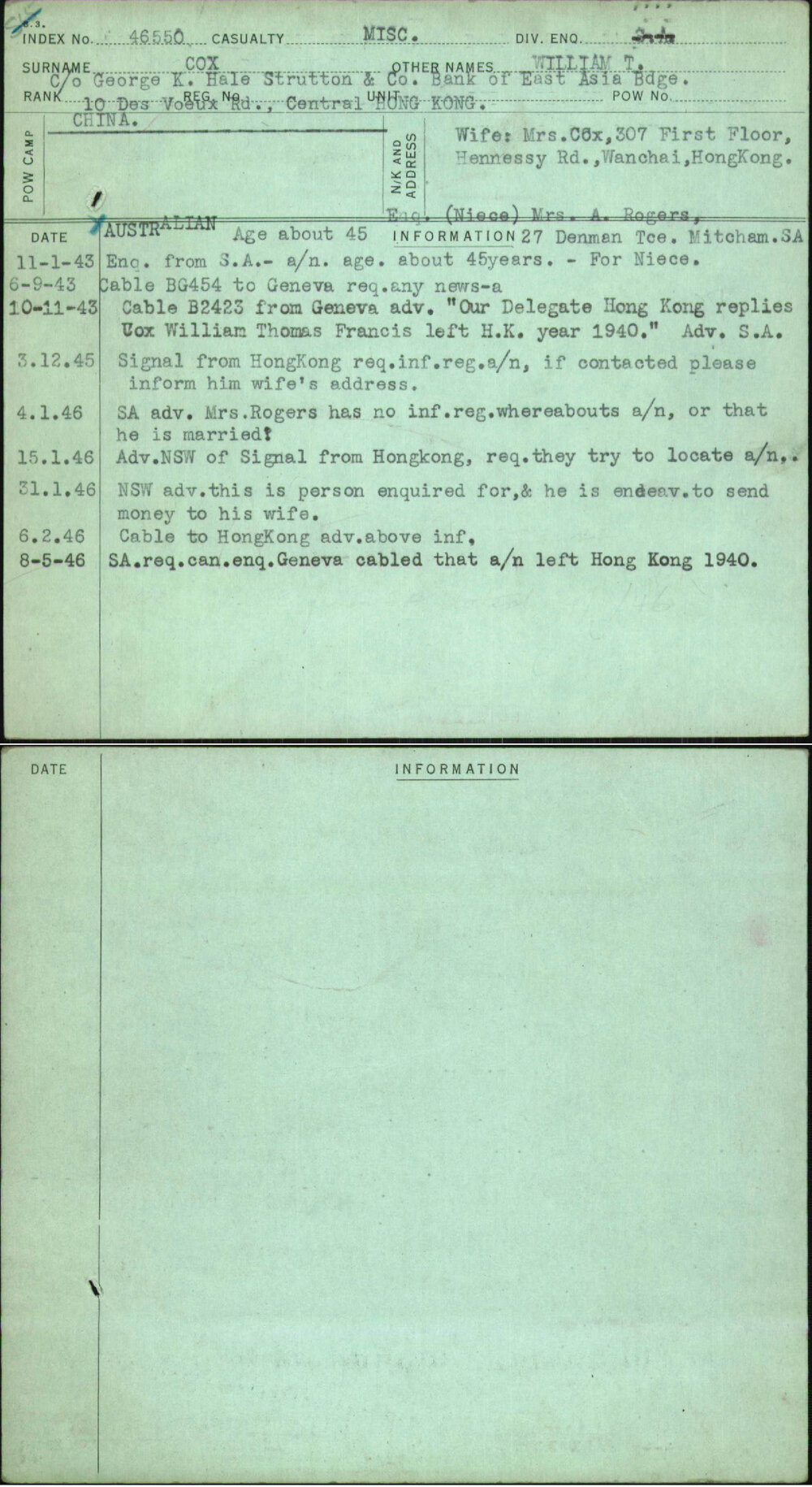 Cox, William T, [No Service Number]