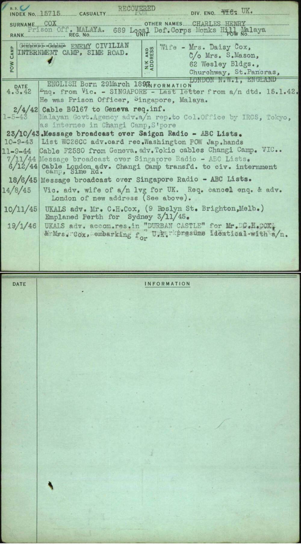 Cox, Charles Henry, [No Service Number]