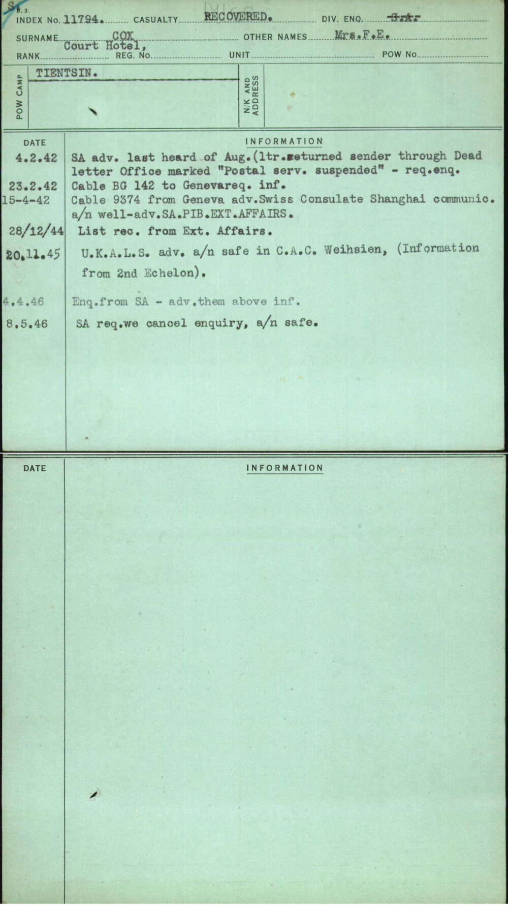 Cox, Mrs F E, [No Service Number]