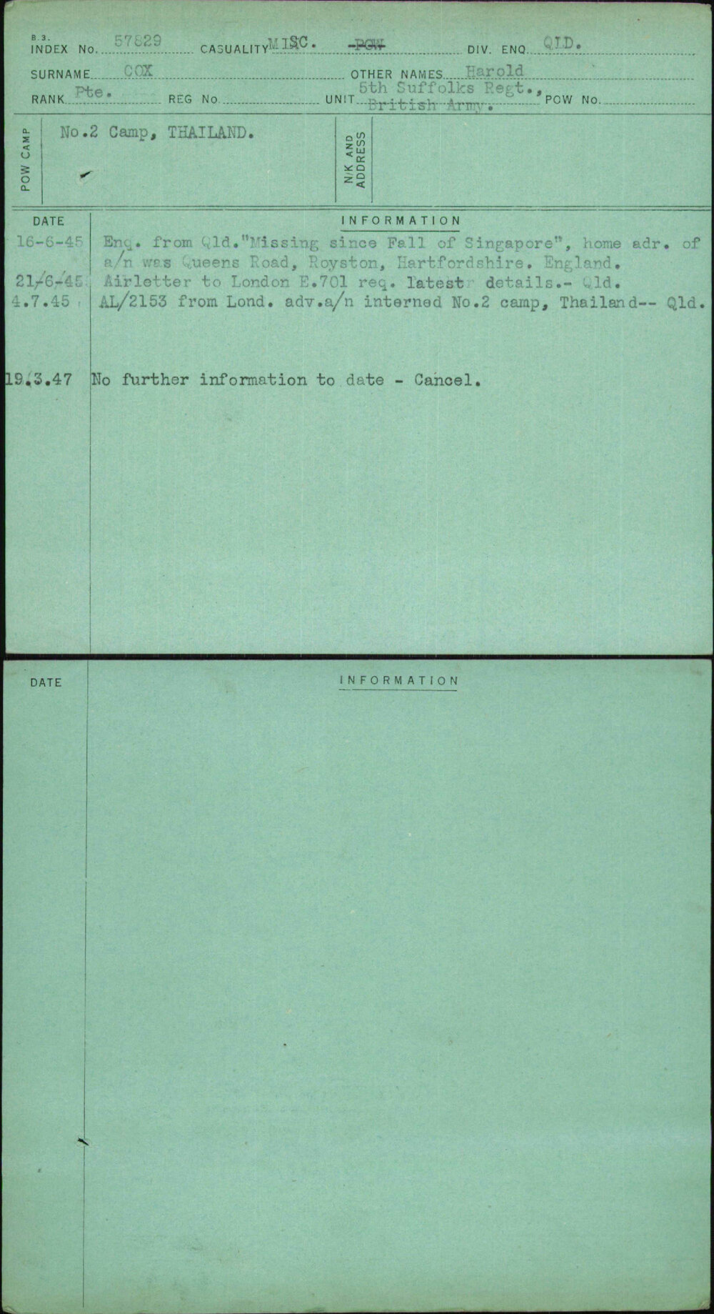 Cox, Harold, [No Service Number]