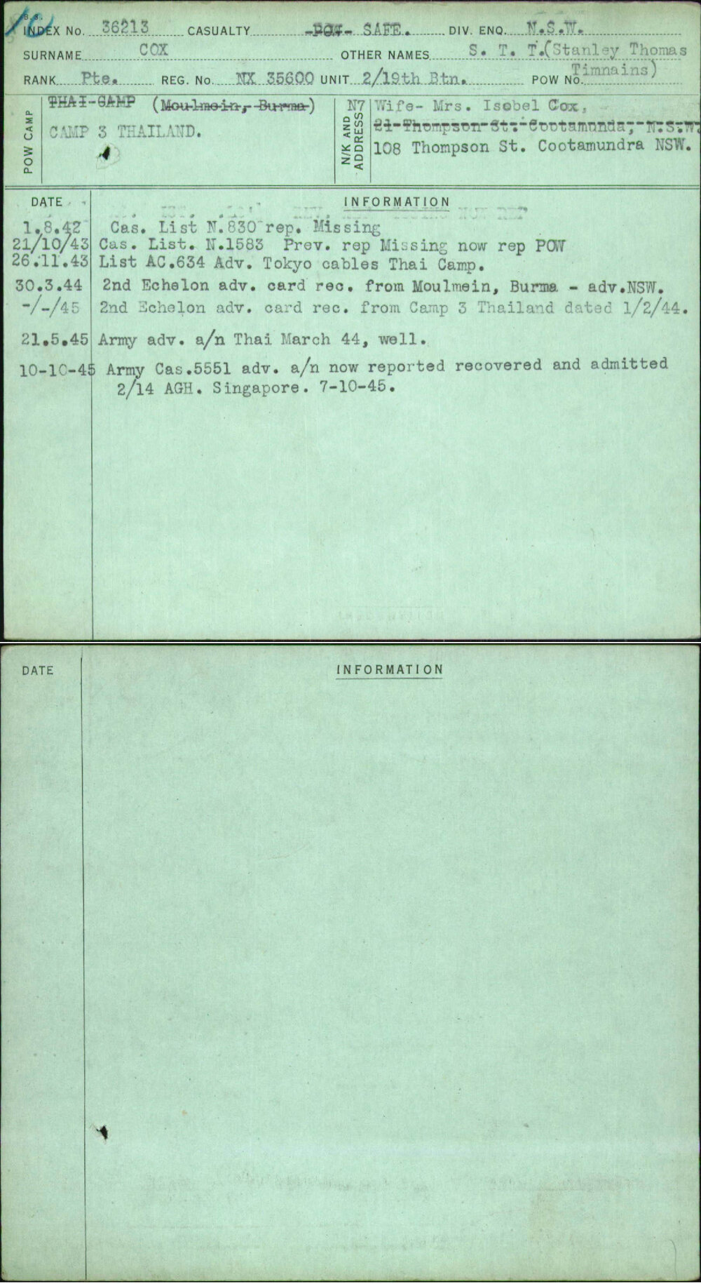 Cox, S T T (Stanley Thomas Timnains), NX35600