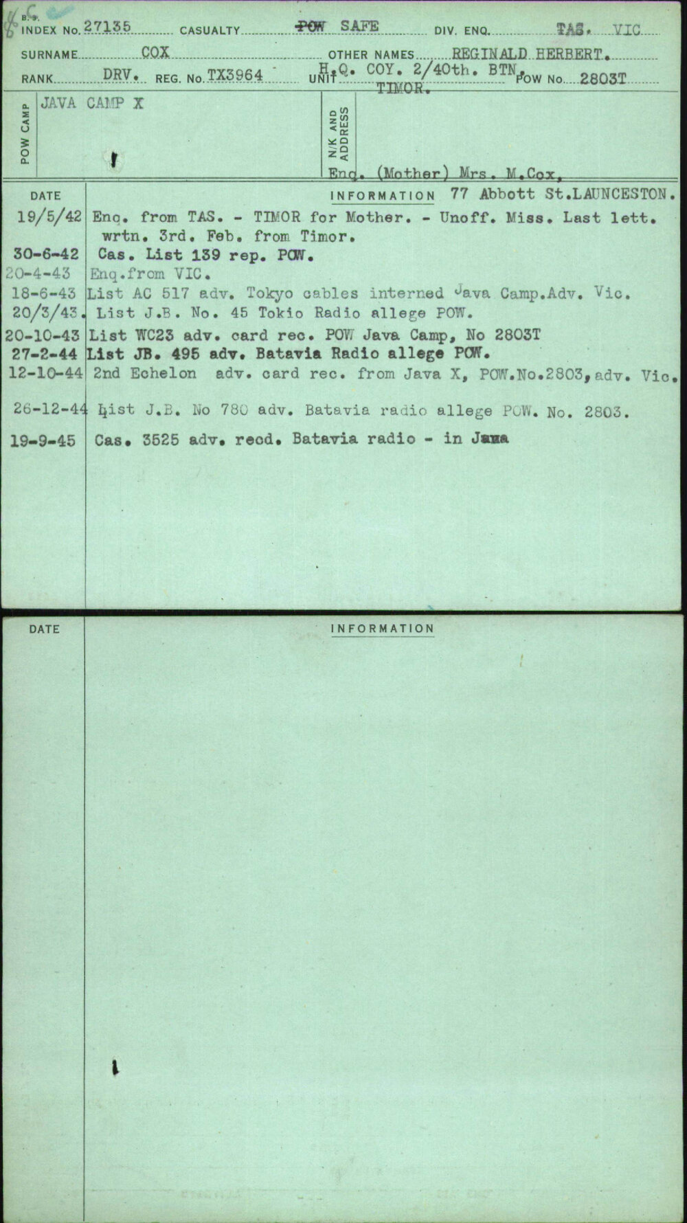 Cox, Reginald Herbert, TX3964